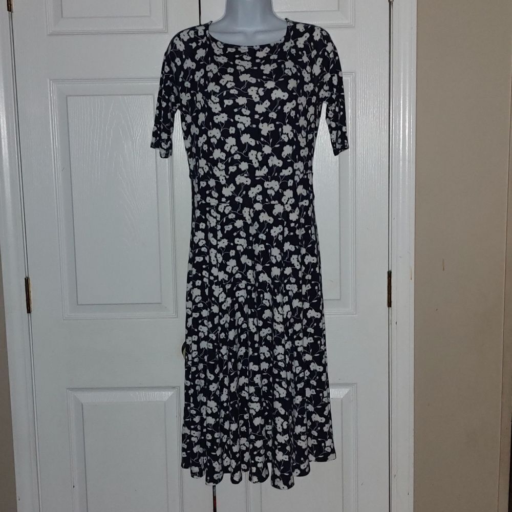 Lands' End navy white florala print dress  Sz S
